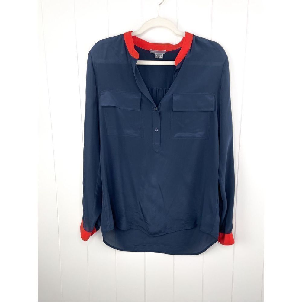 Vince. Contrast Trim Split Neck Silk Popover‎ Blouse 8